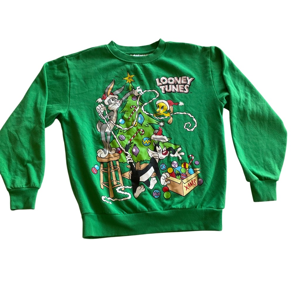 Looney Tunes‎ Christmas Sweatshirt Small Green Bugs Bunny Tweety Sylvester